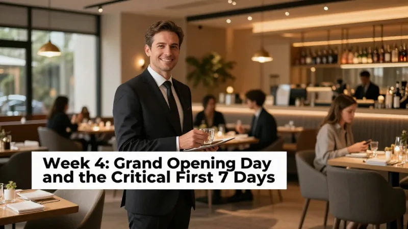Week 4: Grand Opening Day and the Critical First 7 Days - Grand Opening Marketing: The 4-Week Launch That Packs Your Restaurant — KwickOS