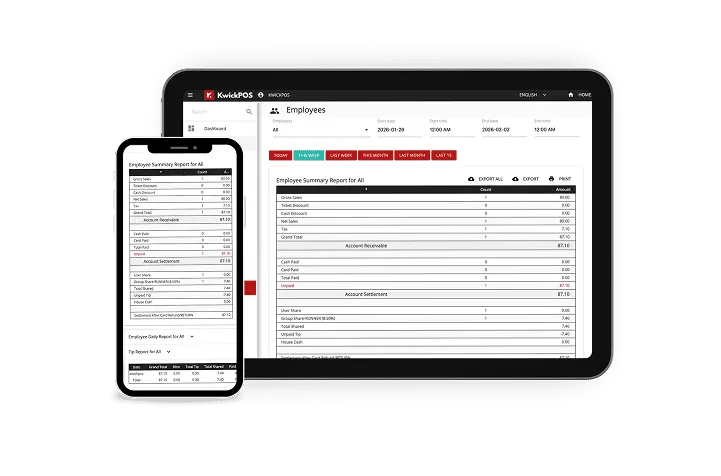 KwickOS role-based permissions — employee management dashboard