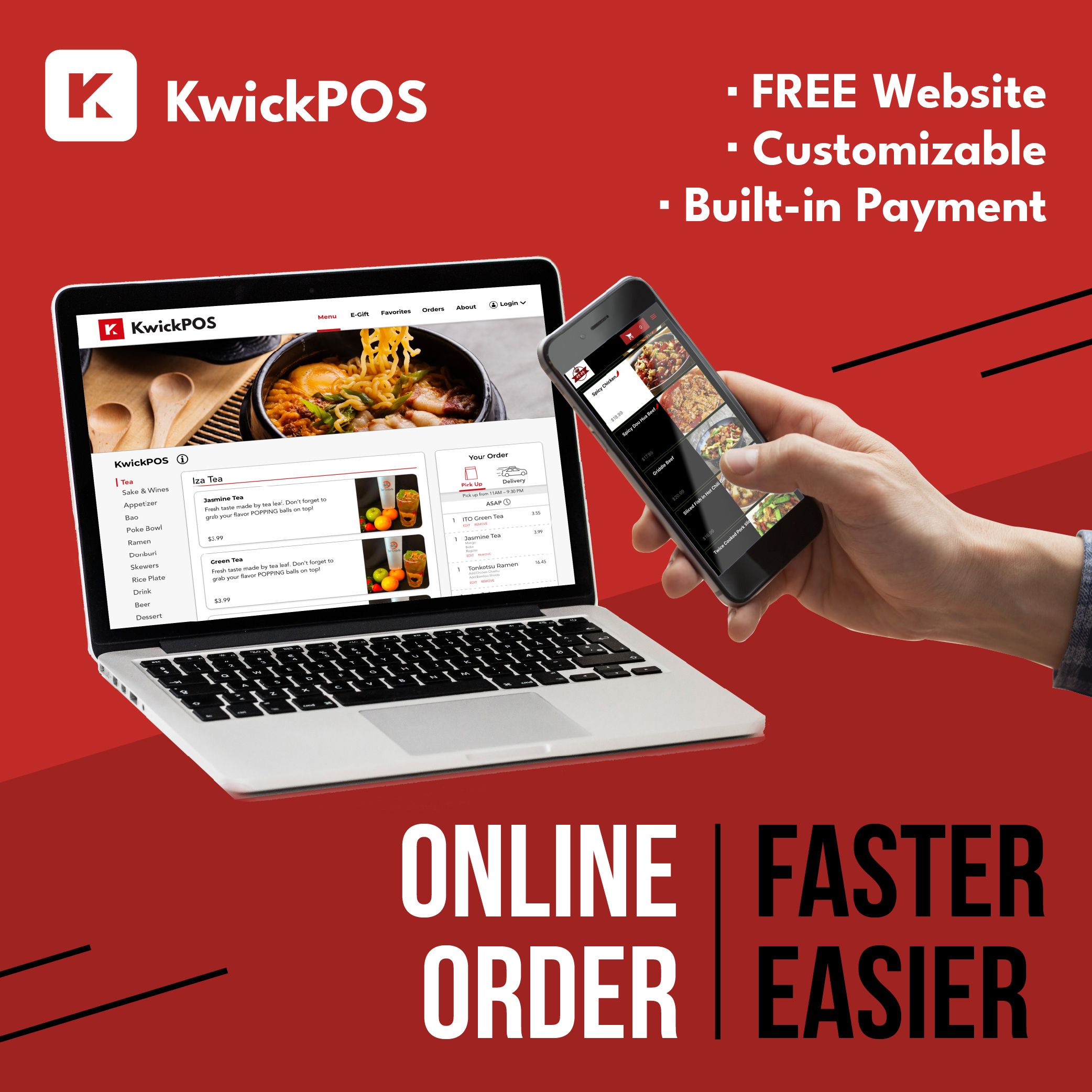A restaurant flyer with QR code directing customers to order directly through KwickMenu for rewards and faster service